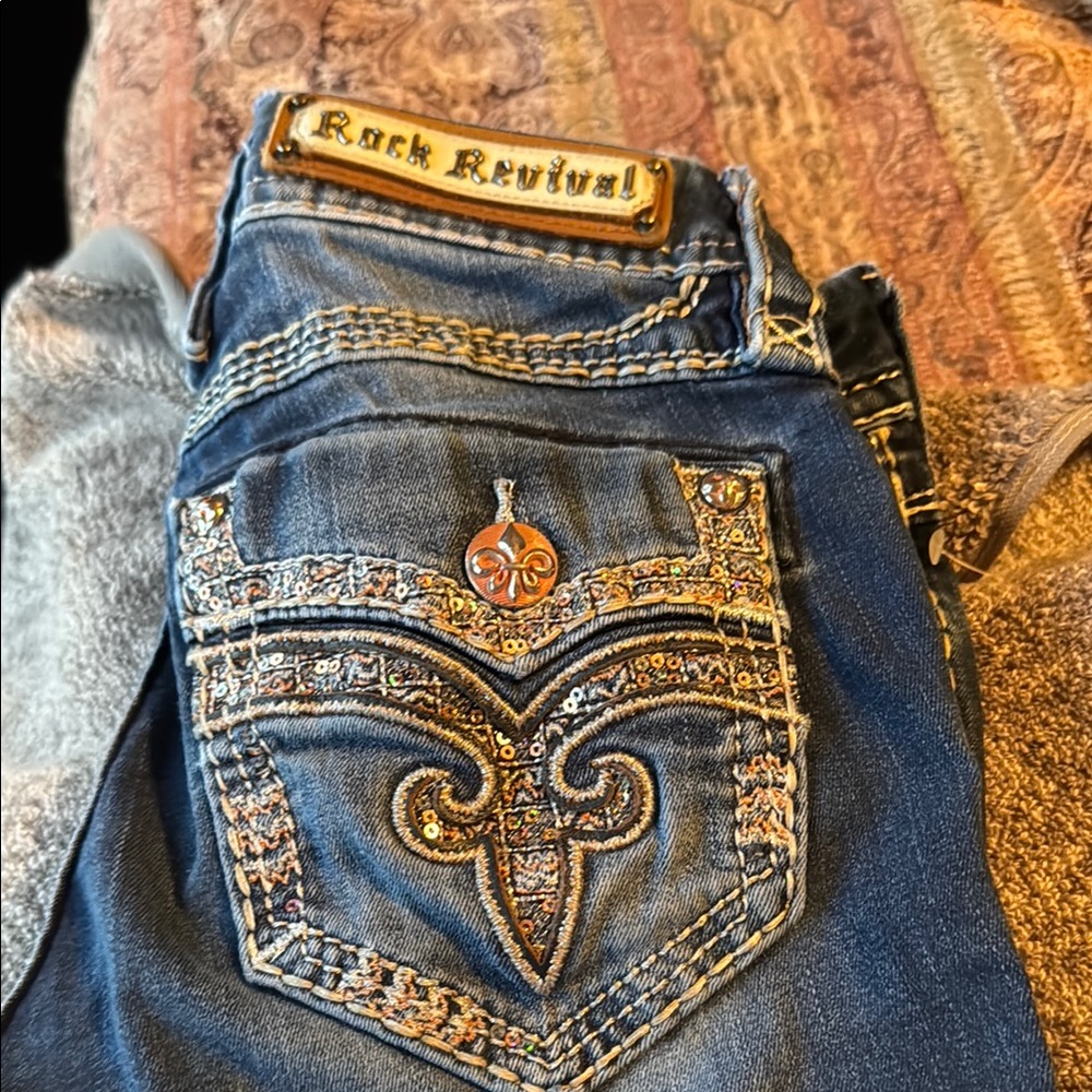 Rock Revival Blue Skinny Jeans with Intricate Stitching